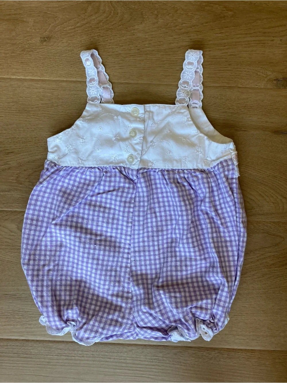 Vintage White and Lavender Gingham Baby Romper with Lace Trim 12m